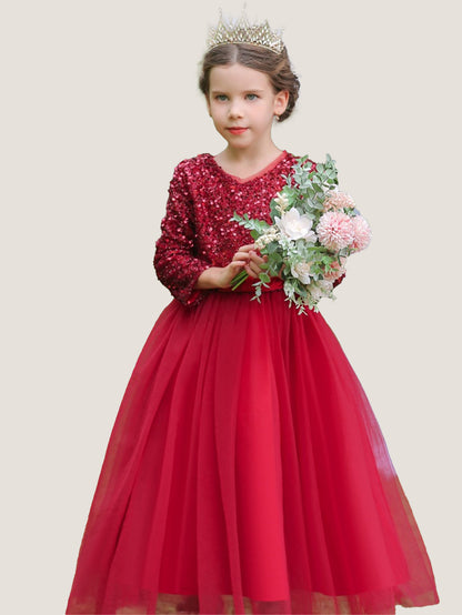 Long dress sequined wedding princess dress small host long sleeve mesh skirt bow dress