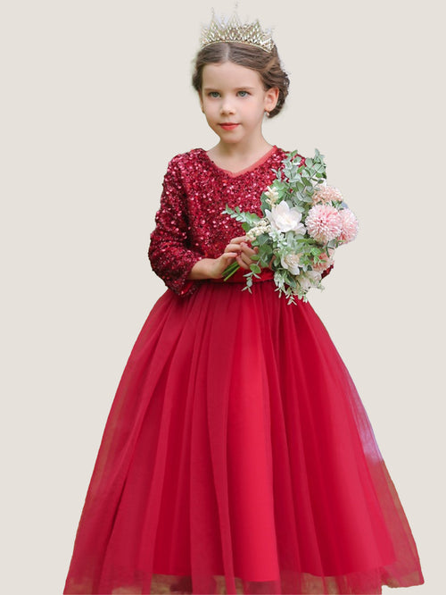 Long dress sequined wedding princess dress small host long sleeve mesh skirt bow dress