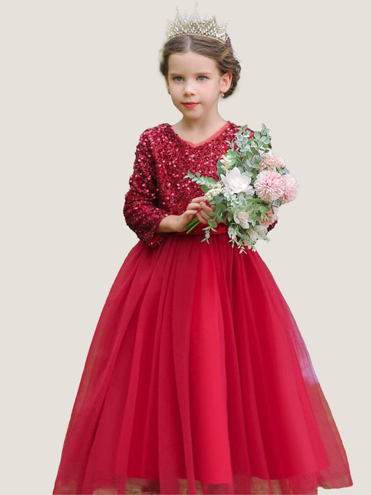 Long dress sequined wedding princess dress small host long sleeve mesh skirt bow dress