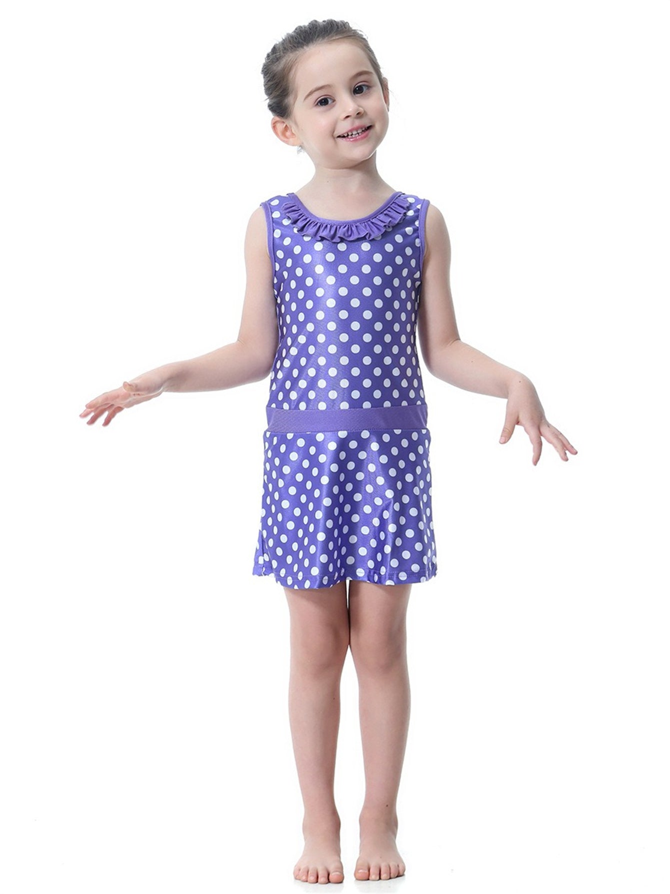 Girls Conservative Lace Polka Dot Multi-Piece Swim Dress