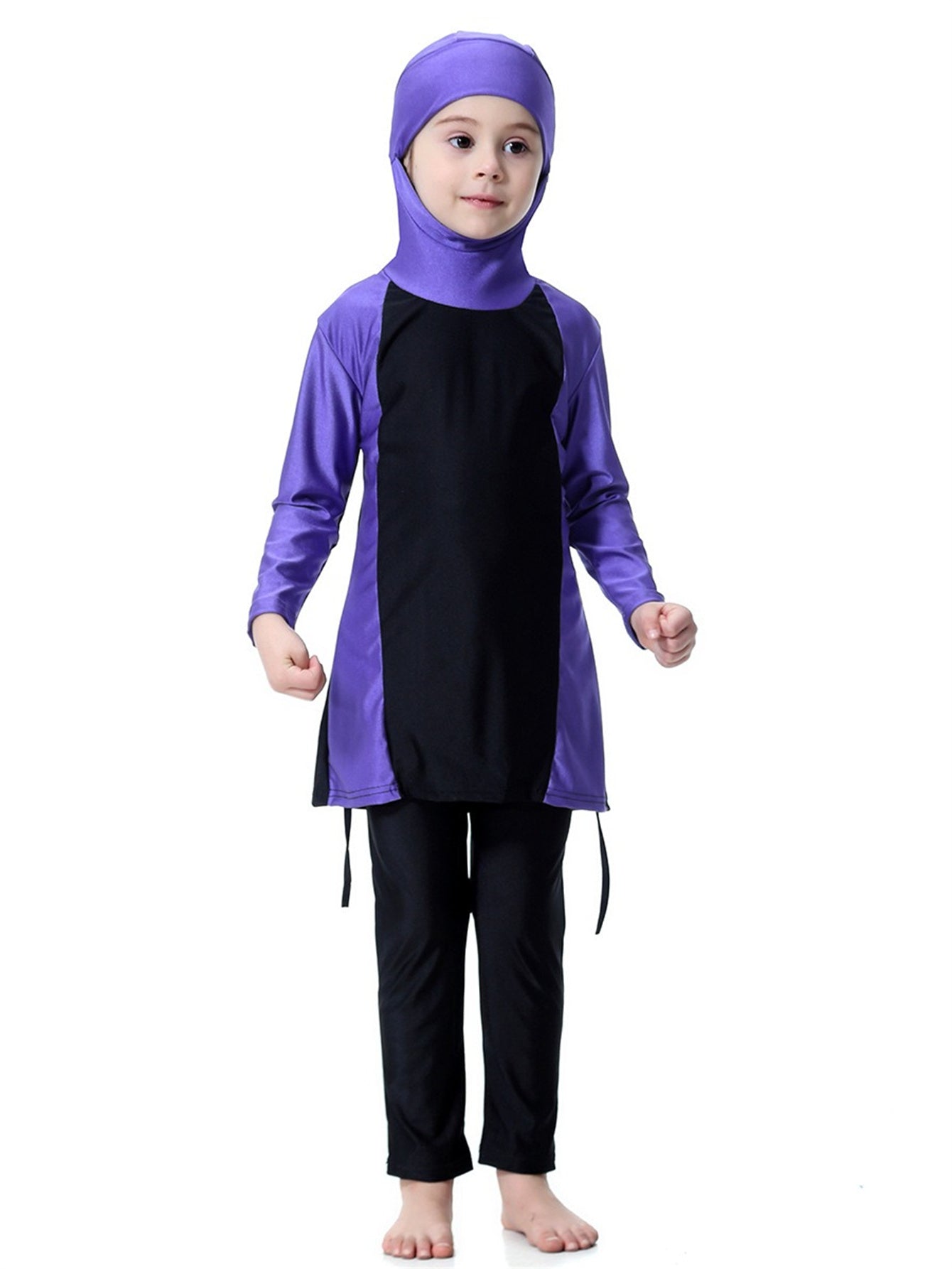 Girls Swimsuit Hooded Contrast Color Long Sleeve Long Pants Sun Protection Swimsuit Set
