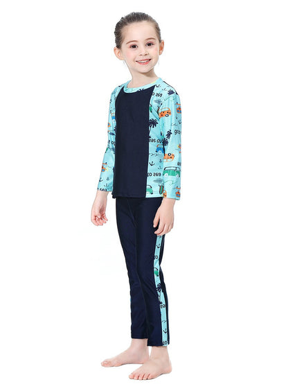Girls swimsuit with seaside pattern, long sleeves and long pants, conservative sun protection swimsuit