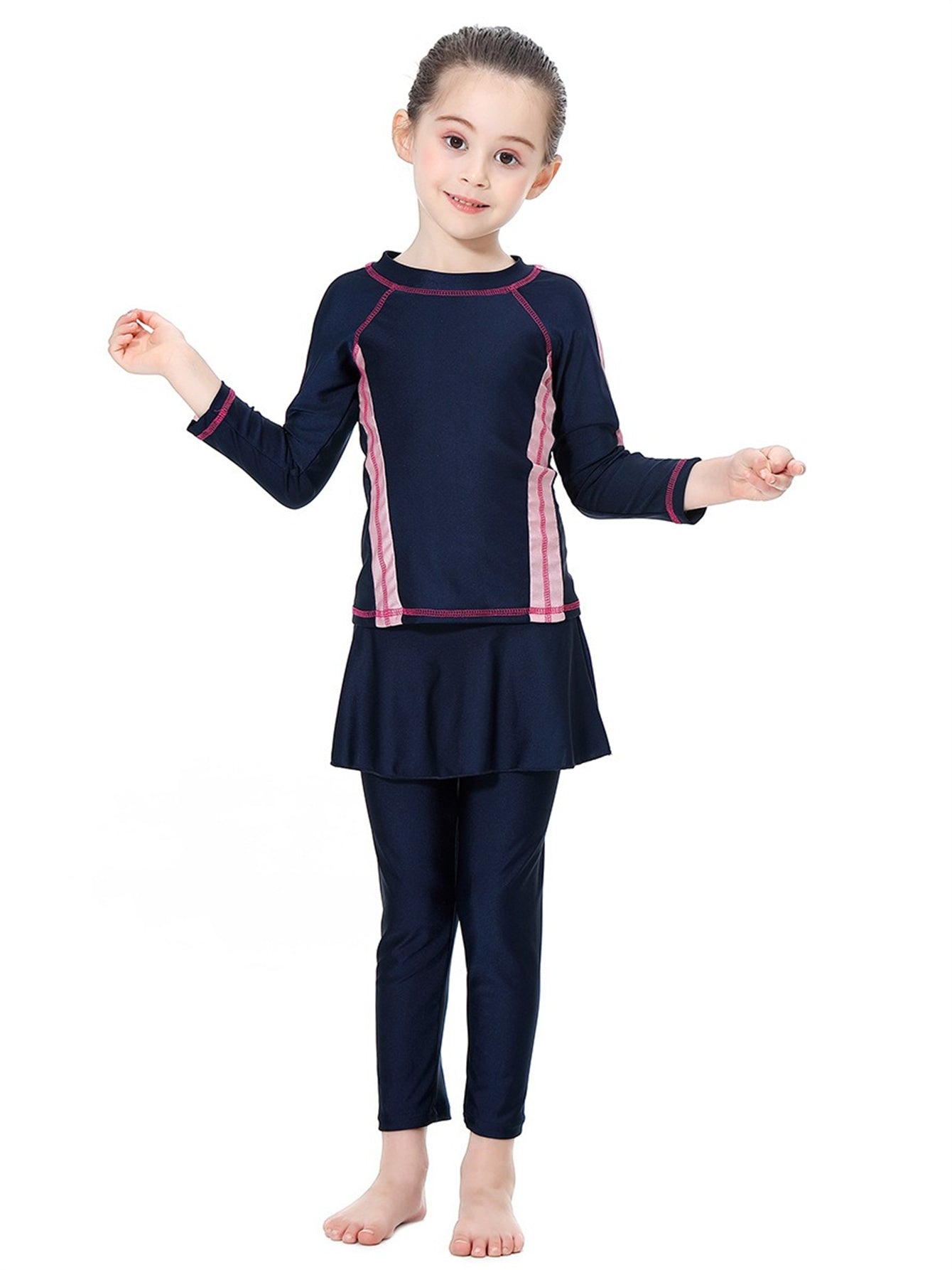Girls' conservative swimsuit with contrasting colors, long sleeves and long pants, sunscreen two-piece set