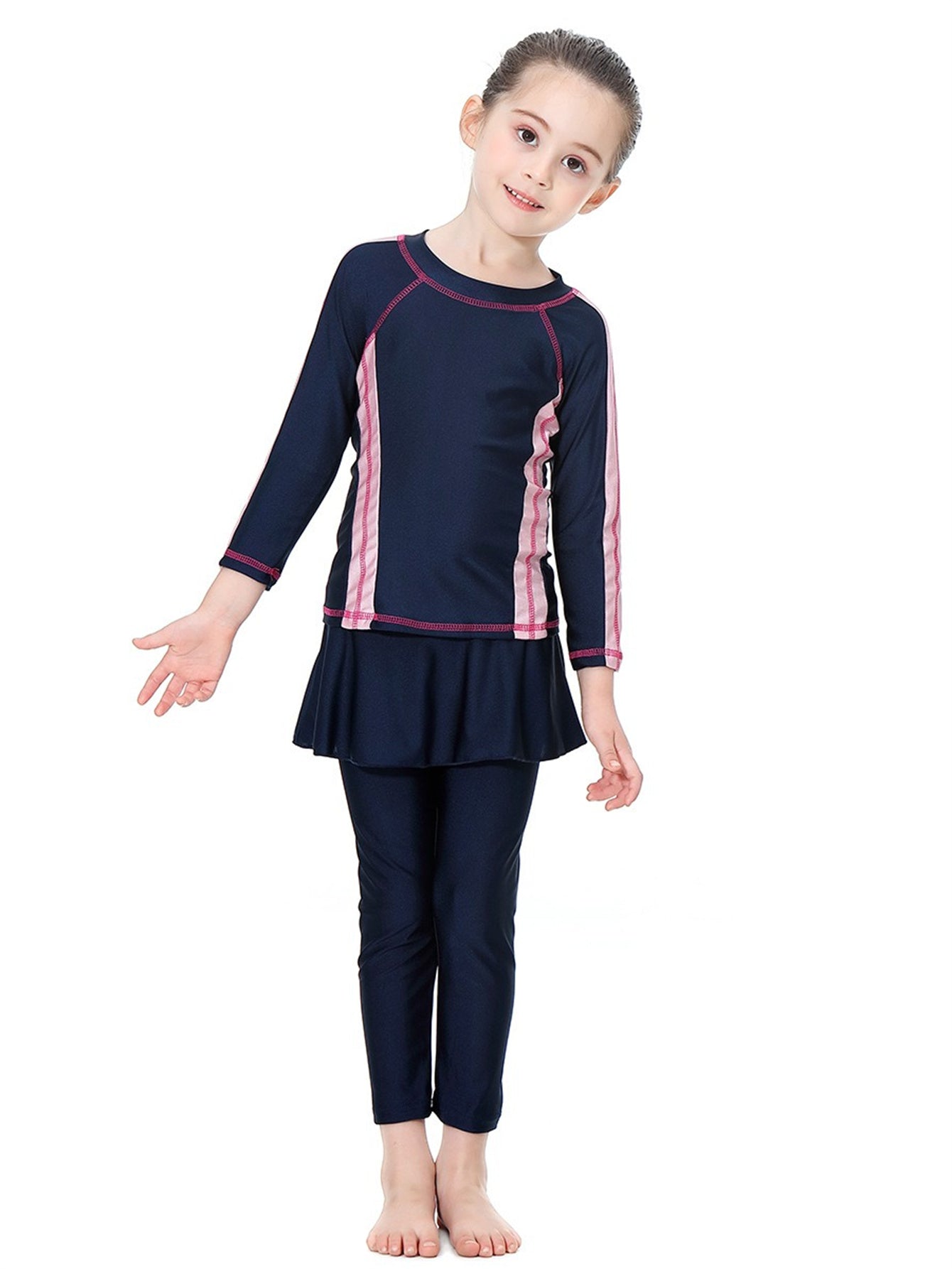Girls' conservative swimsuit with contrasting colors, long sleeves and long pants, sunscreen two-piece set