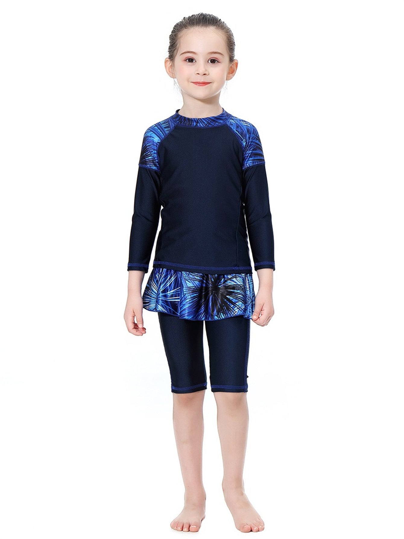 Girls Swimwear Tropical Plant Pattern Conservative Three-Piece Swimsuit