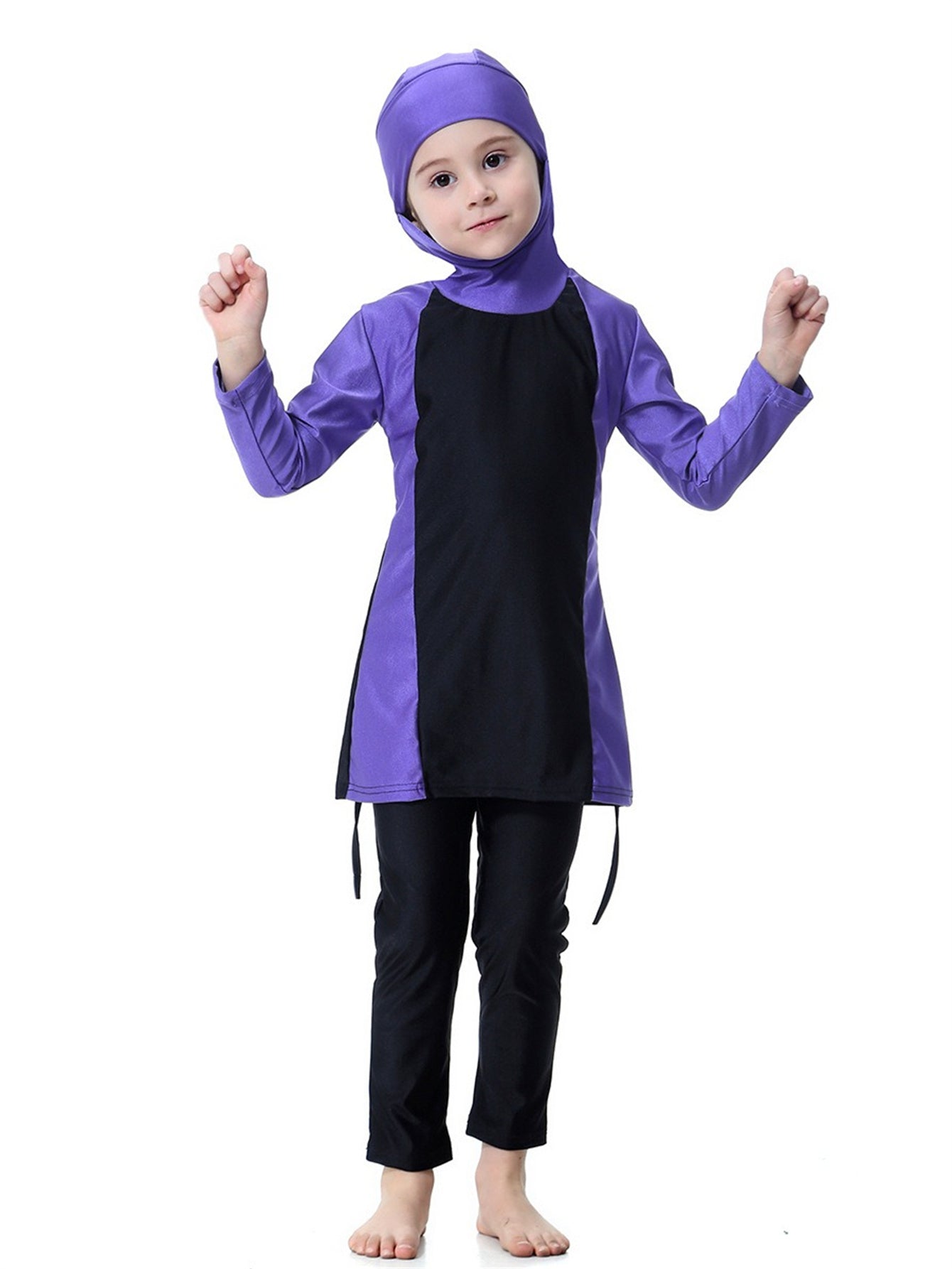 Girls Swimsuit Hooded Contrast Color Long Sleeve Long Pants Sun Protection Swimsuit Set