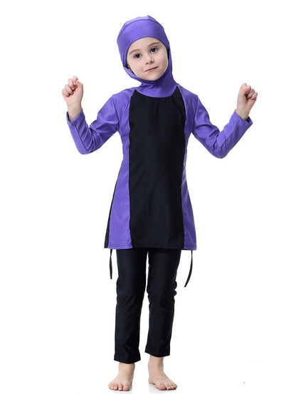 Girls Swimsuit Hooded Contrast Color Long Sleeve Long Pants Sun Protection Swimsuit Set