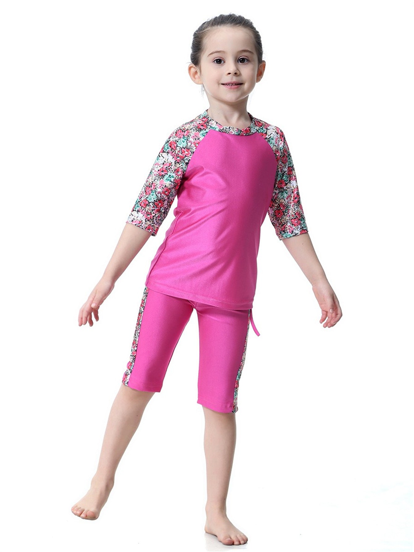 Girls Swimwear 3-piece Swimsuit Flower Pattern Patchwork Design