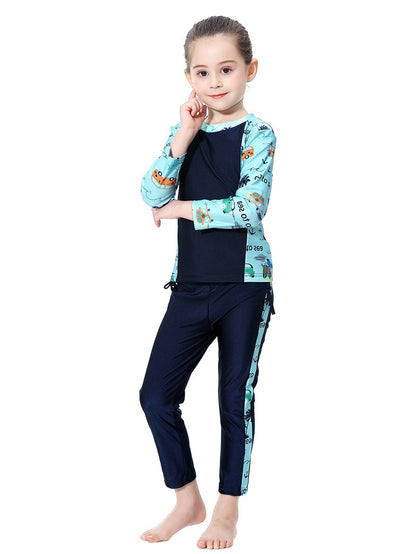 Girls swimsuit with seaside pattern, long sleeves and long pants, conservative sun protection swimsuit