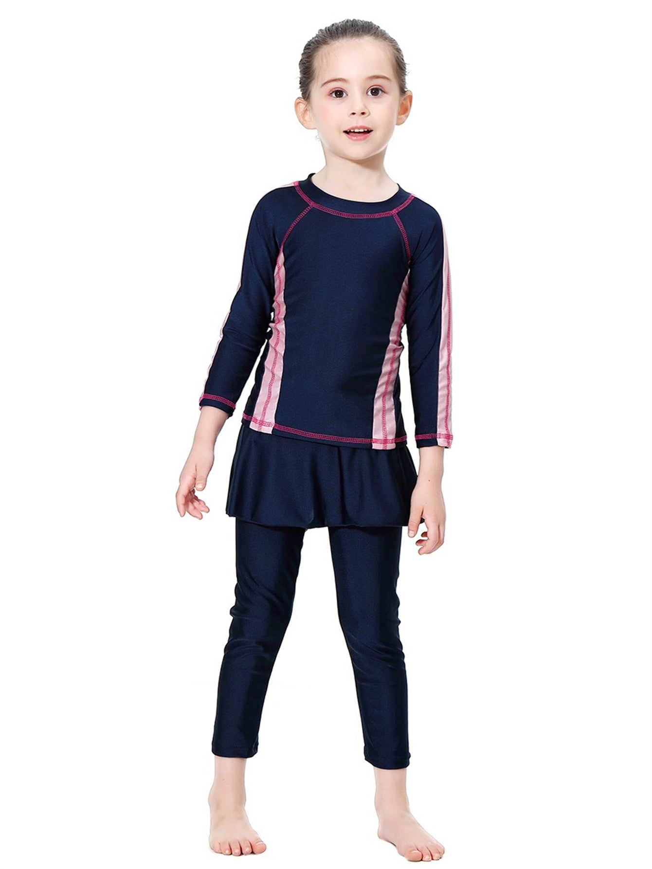 Girls' conservative swimsuit with contrasting colors, long sleeves and long pants, sunscreen two-piece set