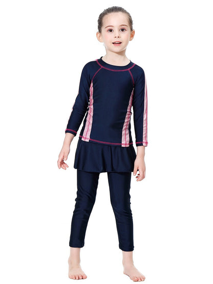 Girls' conservative swimsuit with contrasting colors, long sleeves and long pants, sunscreen two-piece set