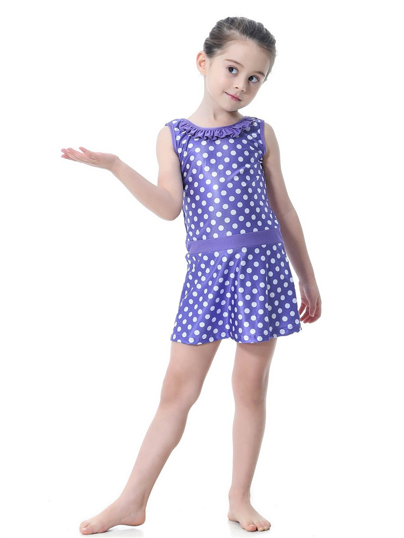 Girls Conservative Lace Polka Dot Multi-Piece Swim Dress