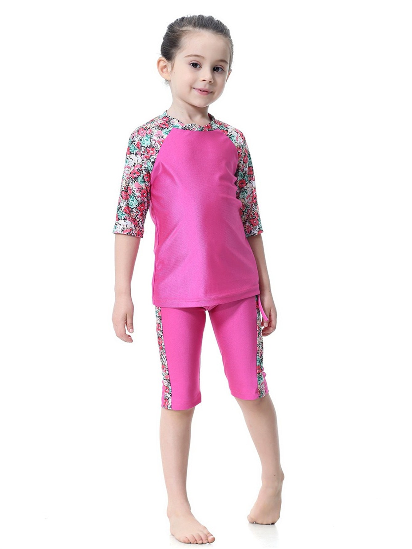 Girls Swimwear 3-piece Swimsuit Flower Pattern Patchwork Design