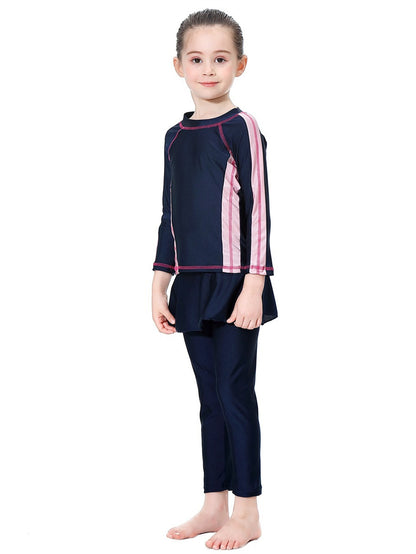Girls' conservative swimsuit with contrasting colors, long sleeves and long pants, sunscreen two-piece set