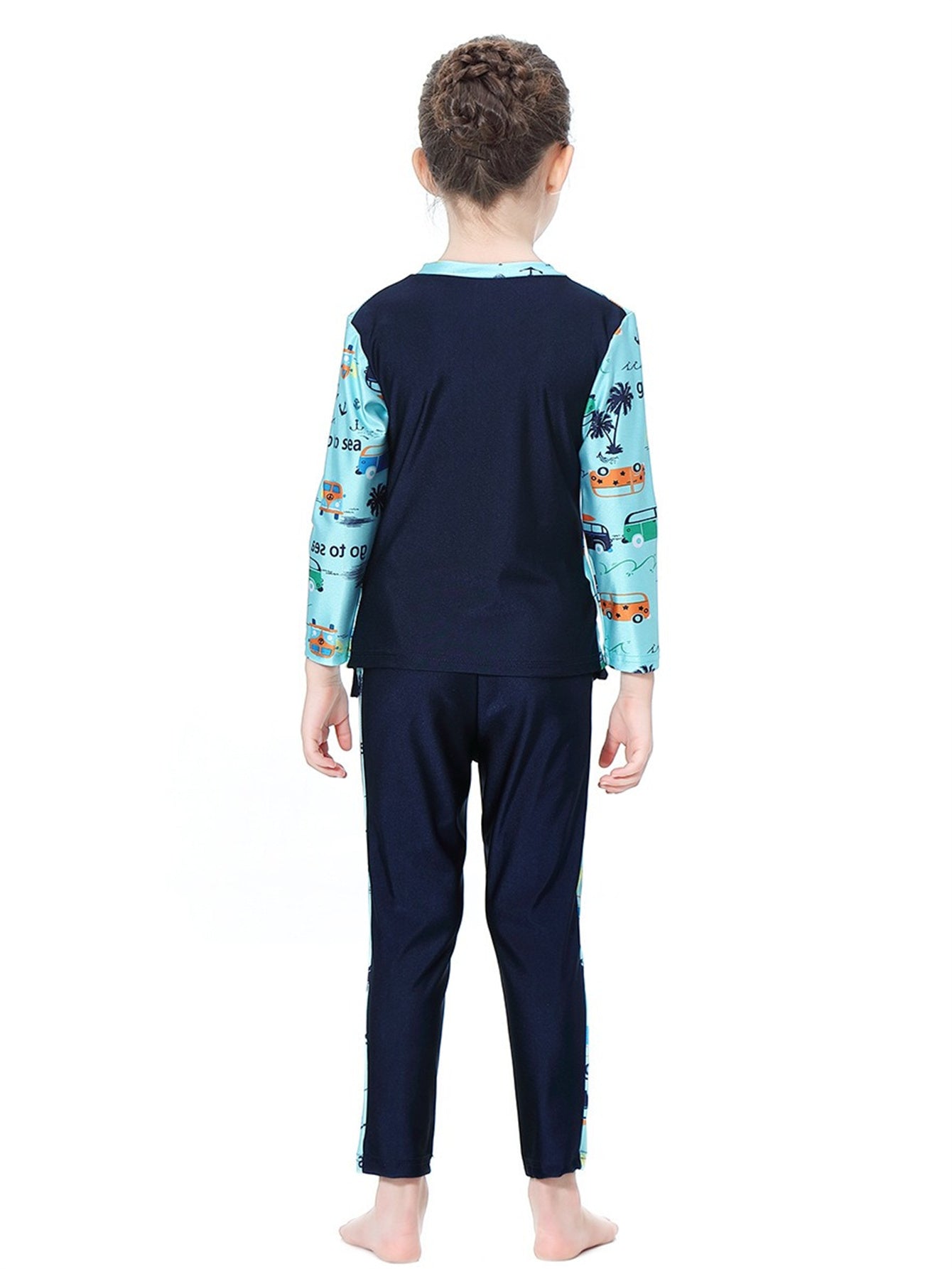 Girls swimsuit with seaside pattern, long sleeves and long pants, conservative sun protection swimsuit