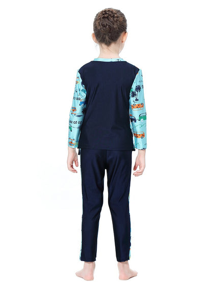 Girls swimsuit with seaside pattern, long sleeves and long pants, conservative sun protection swimsuit