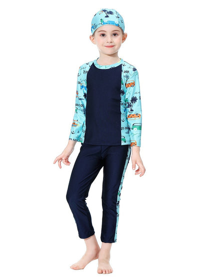 Girls swimsuit with seaside pattern, long sleeves and long pants, conservative sun protection swimsuit