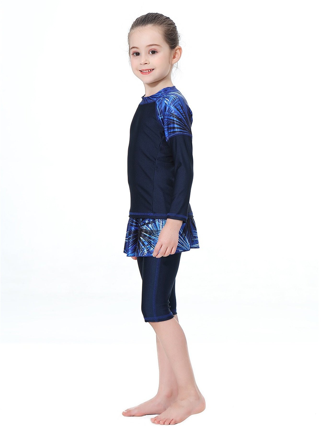 Girls Swimwear Tropical Plant Pattern Conservative Three-Piece Swimsuit