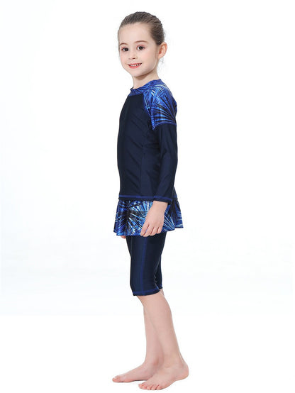 Girls Swimwear Tropical Plant Pattern Conservative Three-Piece Swimsuit