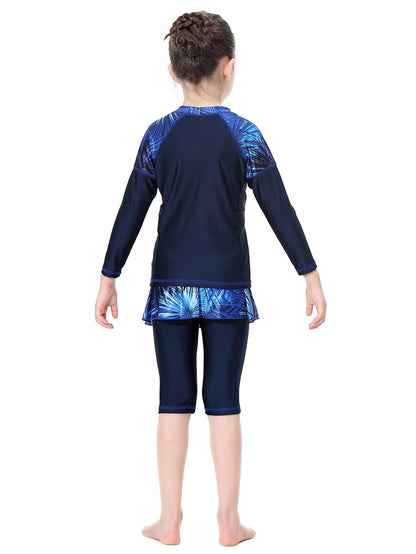 Girls Swimwear Tropical Plant Pattern Conservative Three-Piece Swimsuit