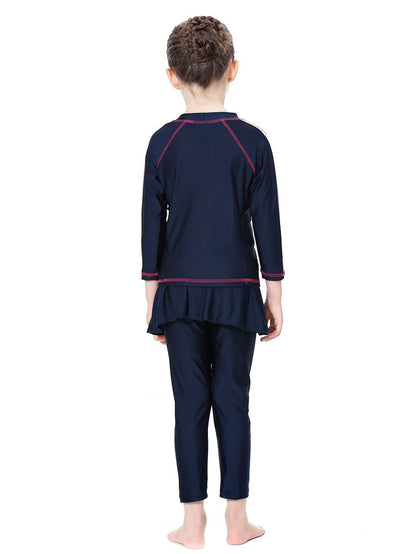 Girls' conservative swimsuit with contrasting colors, long sleeves and long pants, sunscreen two-piece set