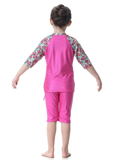 Girls Swimwear 3-piece Swimsuit Flower Pattern Patchwork Design