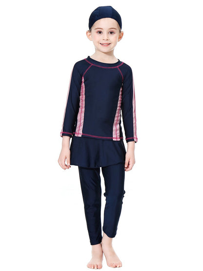 Girls' conservative swimsuit with contrasting colors, long sleeves and long pants, sunscreen two-piece set
