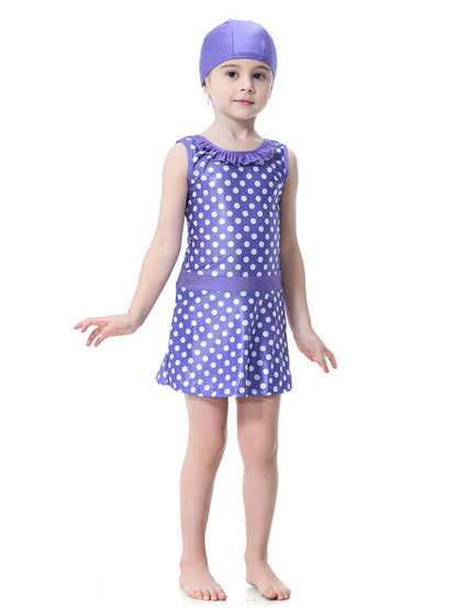 Girls Conservative Lace Polka Dot Multi-Piece Swim Dress