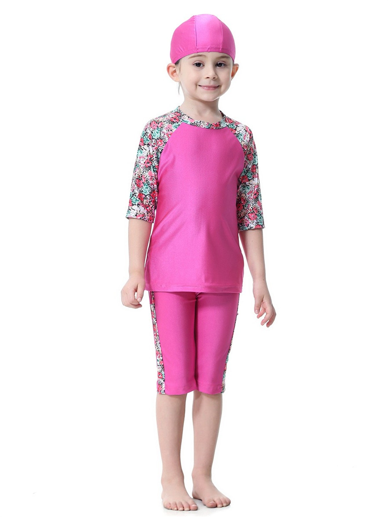 Girls Swimwear 3-piece Swimsuit Flower Pattern Patchwork Design