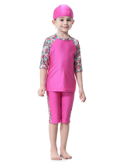 Girls Swimwear 3-piece Swimsuit Flower Pattern Patchwork Design