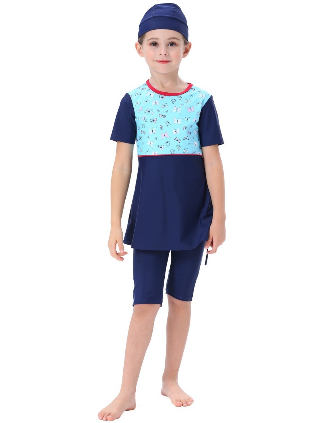 Girls conservative swimsuit Cute children's beach swimsuit Short sleeve + shorts two-piece set Patterned / butterfly print design