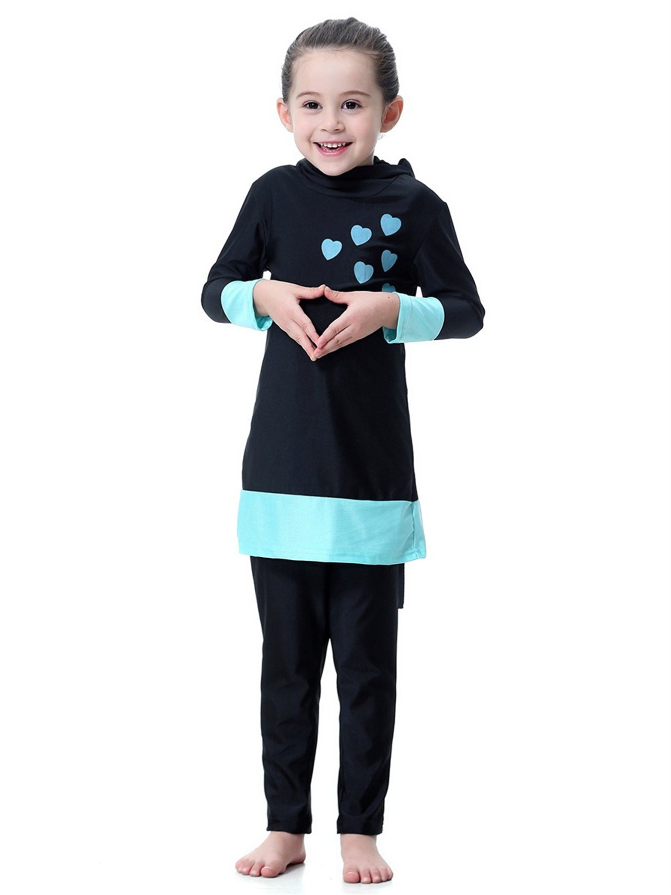 Girls' long-sleeved trousers contrast color heart hooded swimsuit set