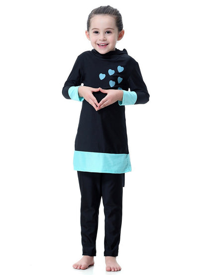 Girls' long-sleeved trousers contrast color heart hooded swimsuit set