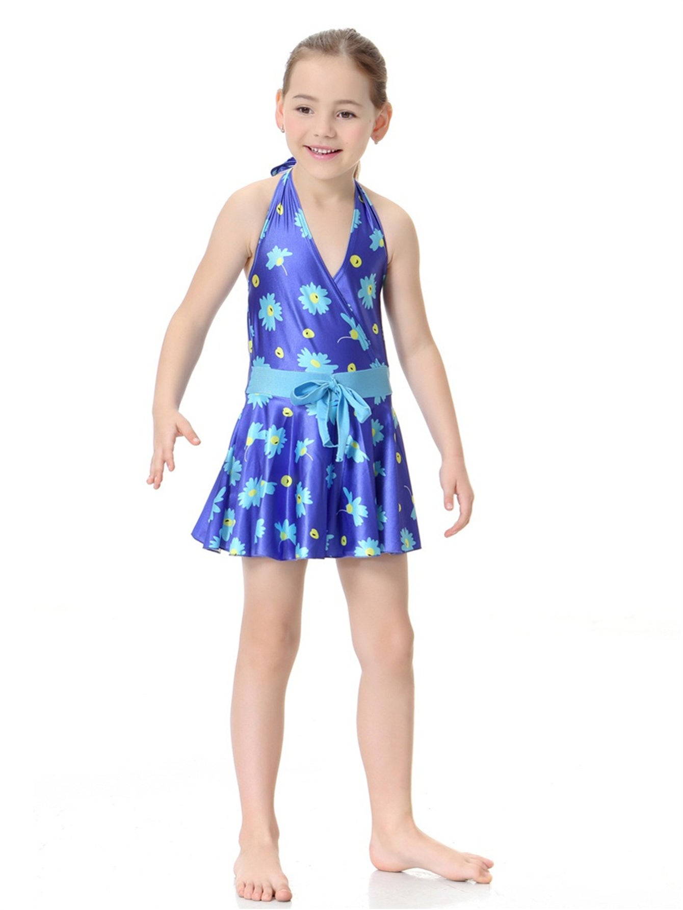 Girls Halter Neck Waist Floral Pattern Conservative Traditional One-Piece Swim Dress