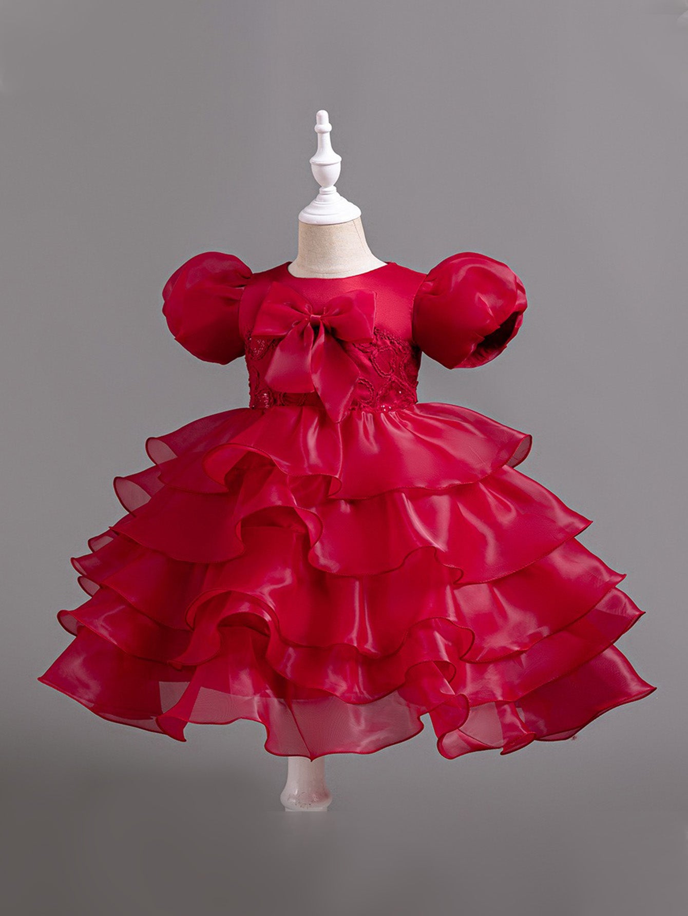 Girls Puff Sleeve Dress Bow Princess Dress