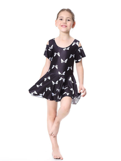 Girls Traditional Conservative Bow Print One-Piece Swimsuit Dress