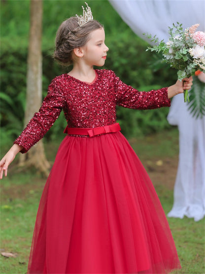 Long dress sequined wedding princess dress small host long sleeve mesh skirt bow dress
