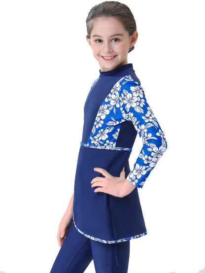 Girls conservative swimsuit bukini children's beach swimsuit long sleeve random print design top + trousers two-piece set
