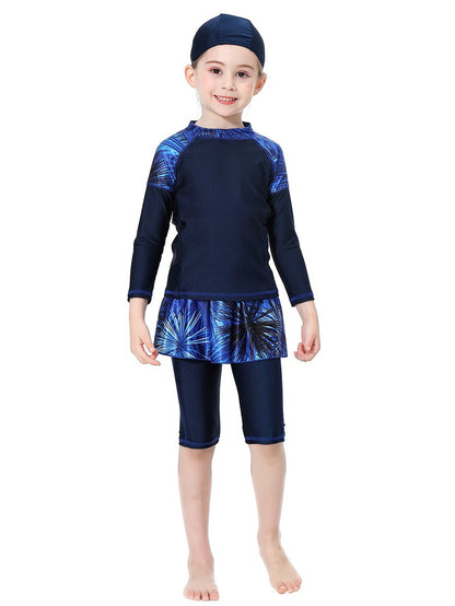 Girls Swimwear Tropical Plant Pattern Conservative Three-Piece Swimsuit
