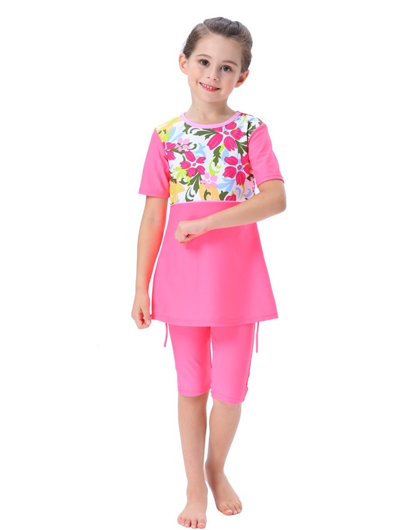 Girls conservative swimsuit Cute children's beach swimsuit Short sleeve + shorts two-piece set Patterned / butterfly print design