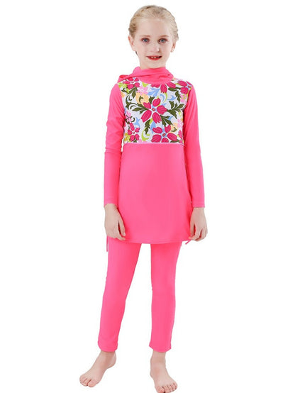 Girls conservative swimsuit bukini children's beach swimsuit blue butterfly pattern, pink pattern, contrast color design hooded top + trousers two-piece set
