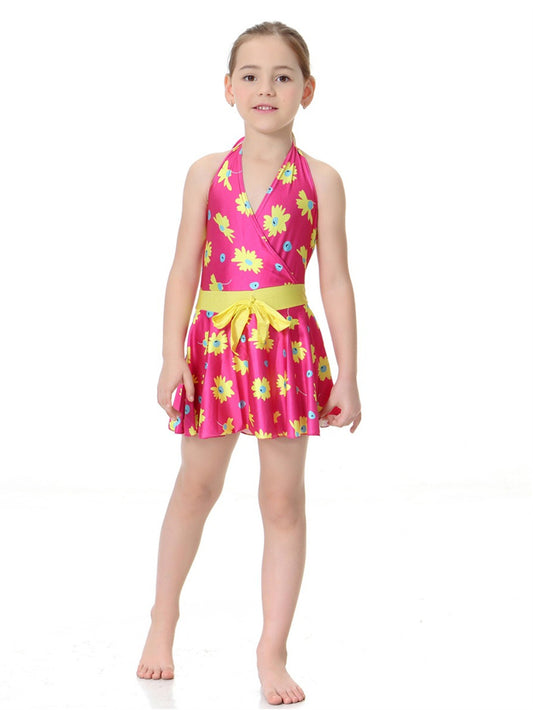 Girls Halter Neck Waist Floral Pattern Conservative Traditional One-Piece Swim Dress