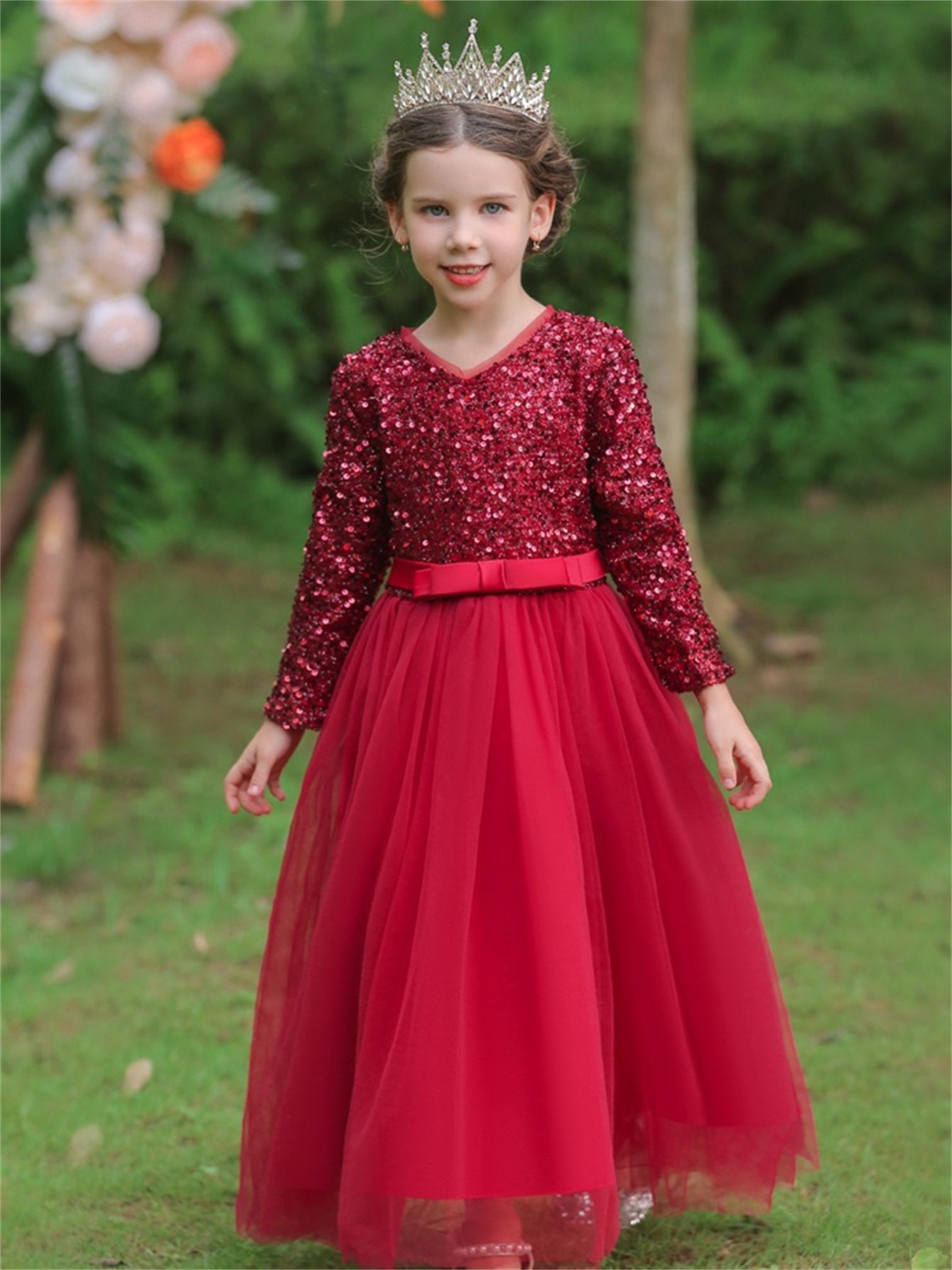 Long dress sequined wedding princess dress small host long sleeve mesh skirt bow dress