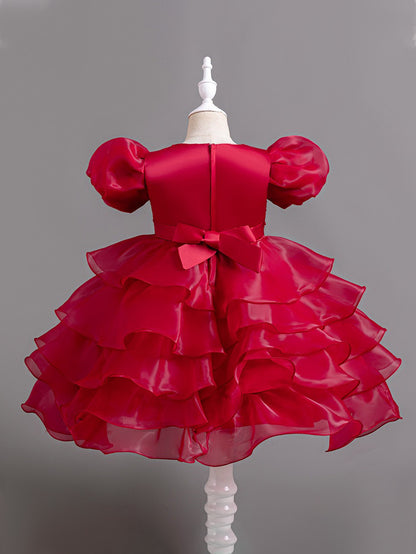 Girls Puff Sleeve Dress Bow Princess Dress