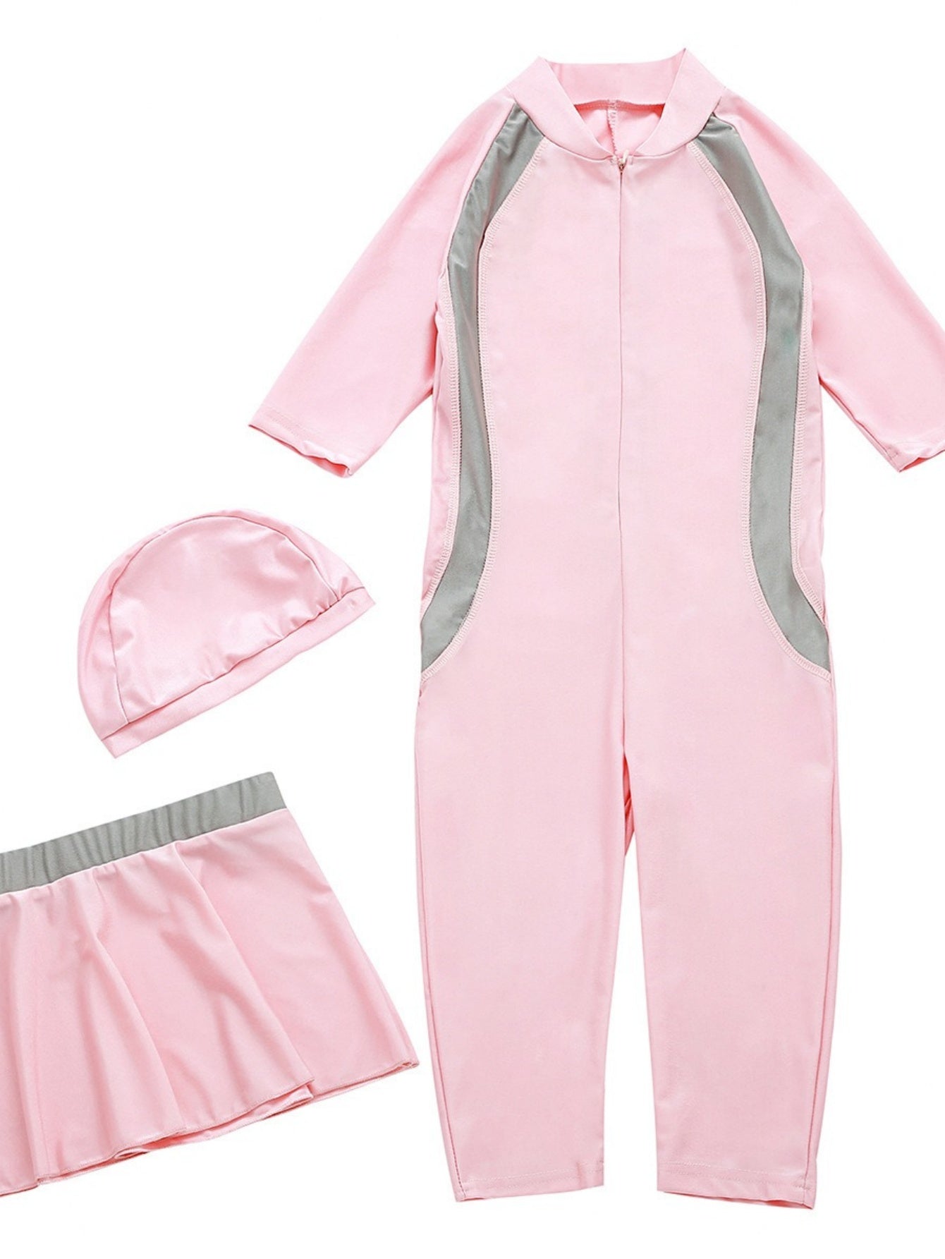 Girls conservative swimsuit top + shorts + hat pink, black, navy blue three-piece set