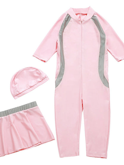 Girls conservative swimsuit top + shorts + hat pink, black, navy blue three-piece set