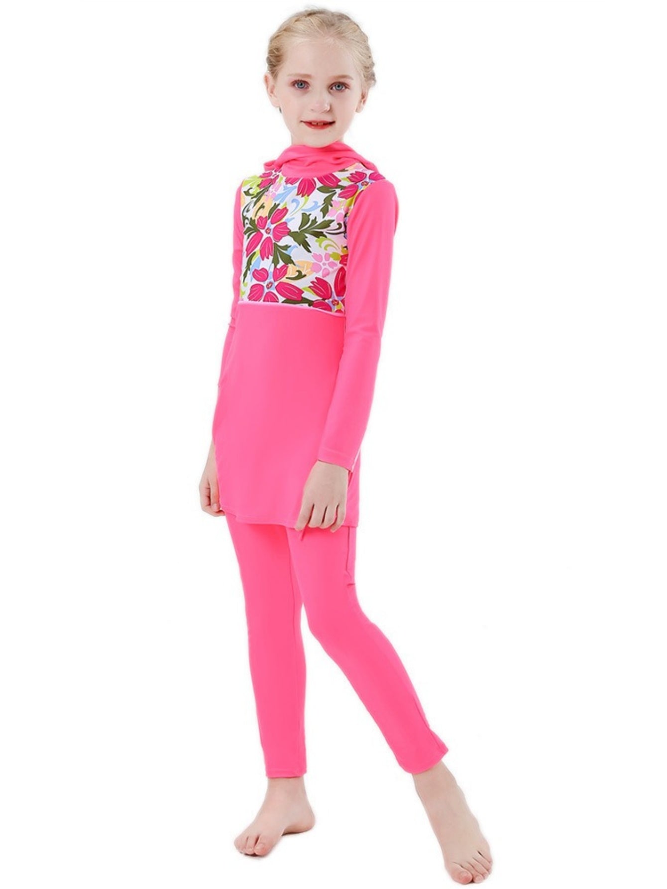 Girls conservative swimsuit bukini children's beach swimsuit blue butterfly pattern, pink pattern, contrast color design hooded top + trousers two-piece set