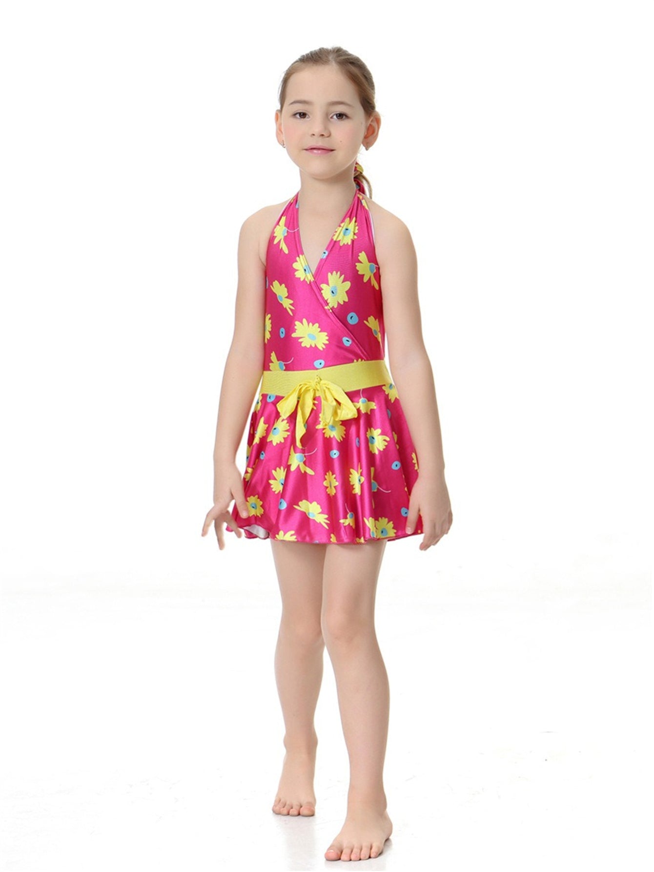 Girls Halter Neck Waist Floral Pattern Conservative Traditional One-Piece Swim Dress
