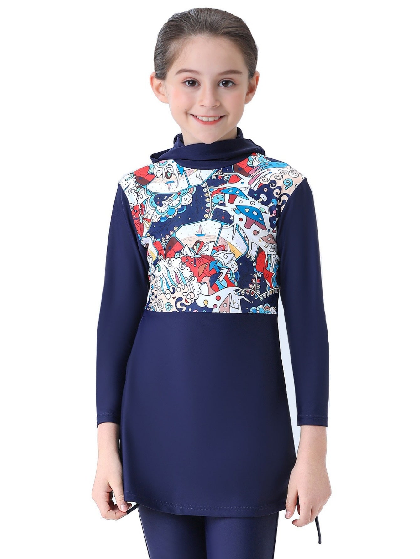 Girls conservative swimsuit bukini children's beach swimsuit hooded top with random prints + pants two-piece
