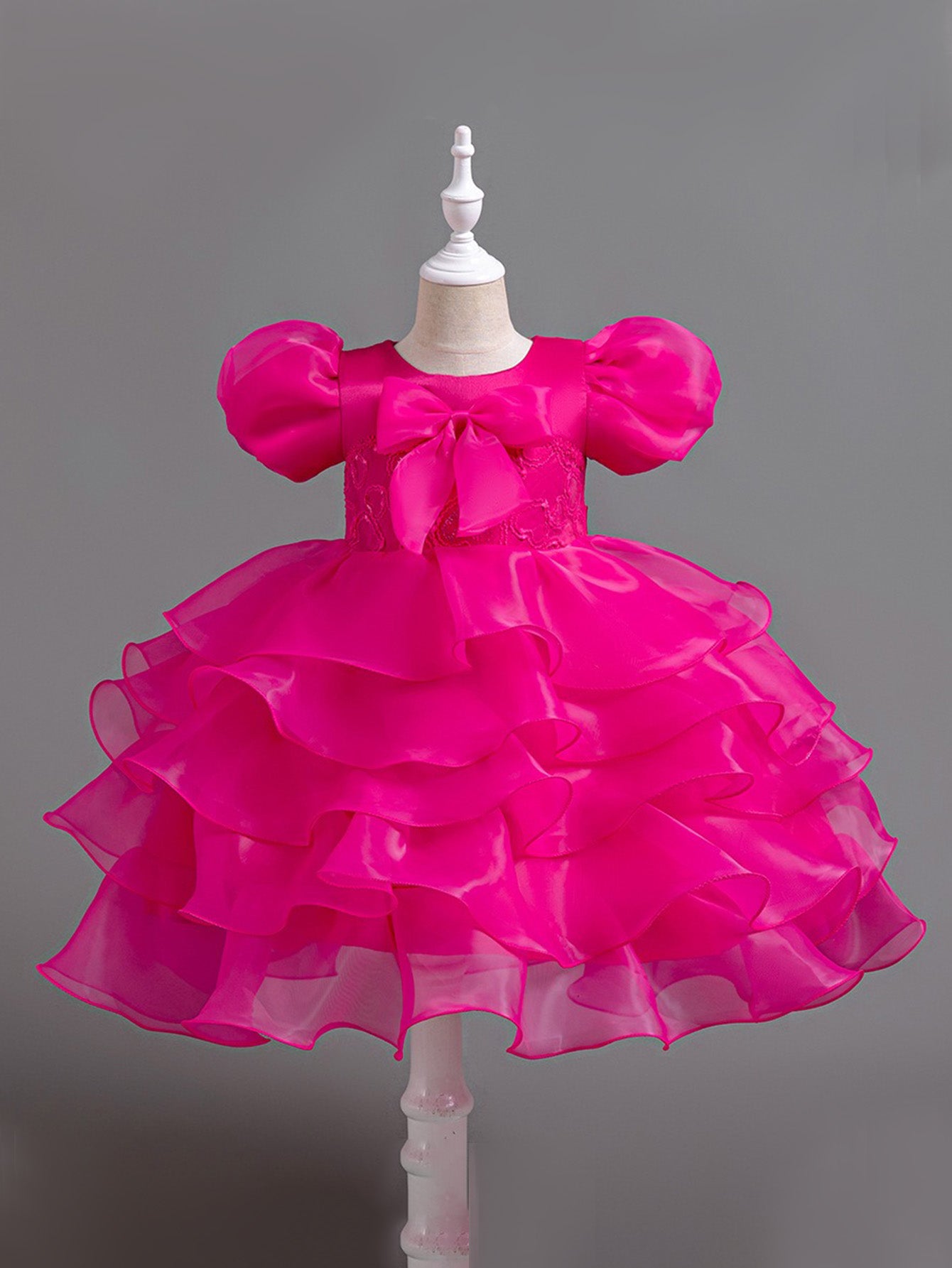 Girls Puff Sleeve Dress Bow Princess Dress